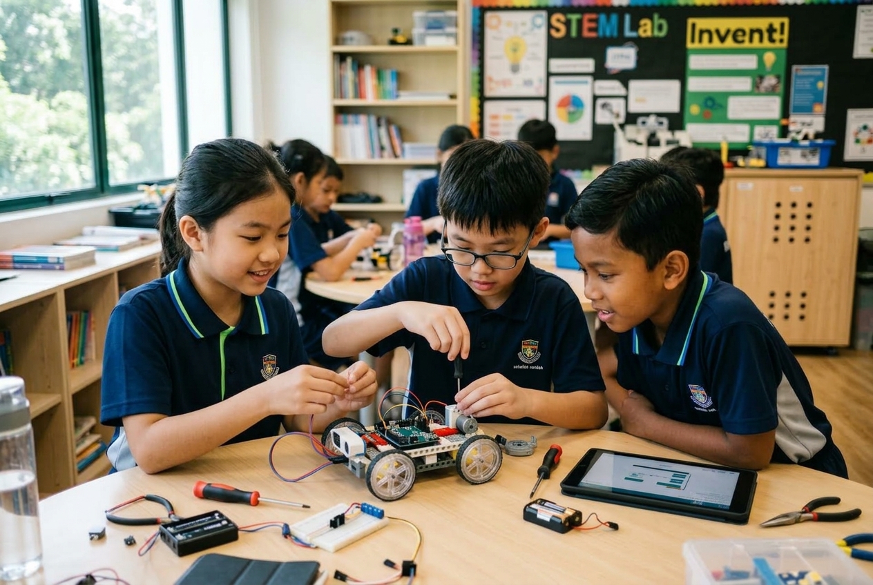 Malaysian students working on a robotics project
